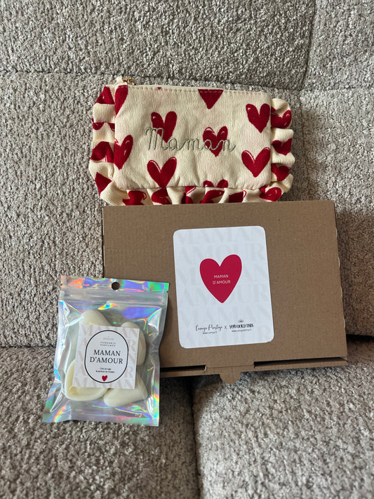 Coffret Fête des Mères Maman d’Amour – Fondants parfumés & pochette brodée – Cadeau maman original